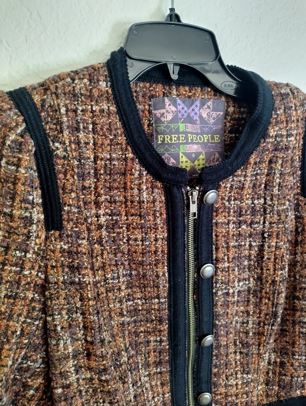 Free People Jacket Tweed Full Zip Multi-Color Wool Blend Sz 6